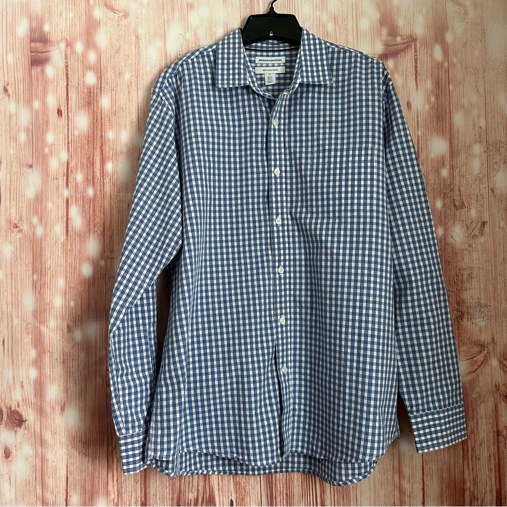 Amazon Essentials Regular Fit Blue Poplin Check Plaid Button Down Shirt Size L